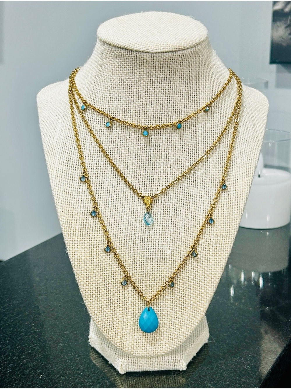 Gold-Tone Layered Necklace with Turquoise Blue Stones